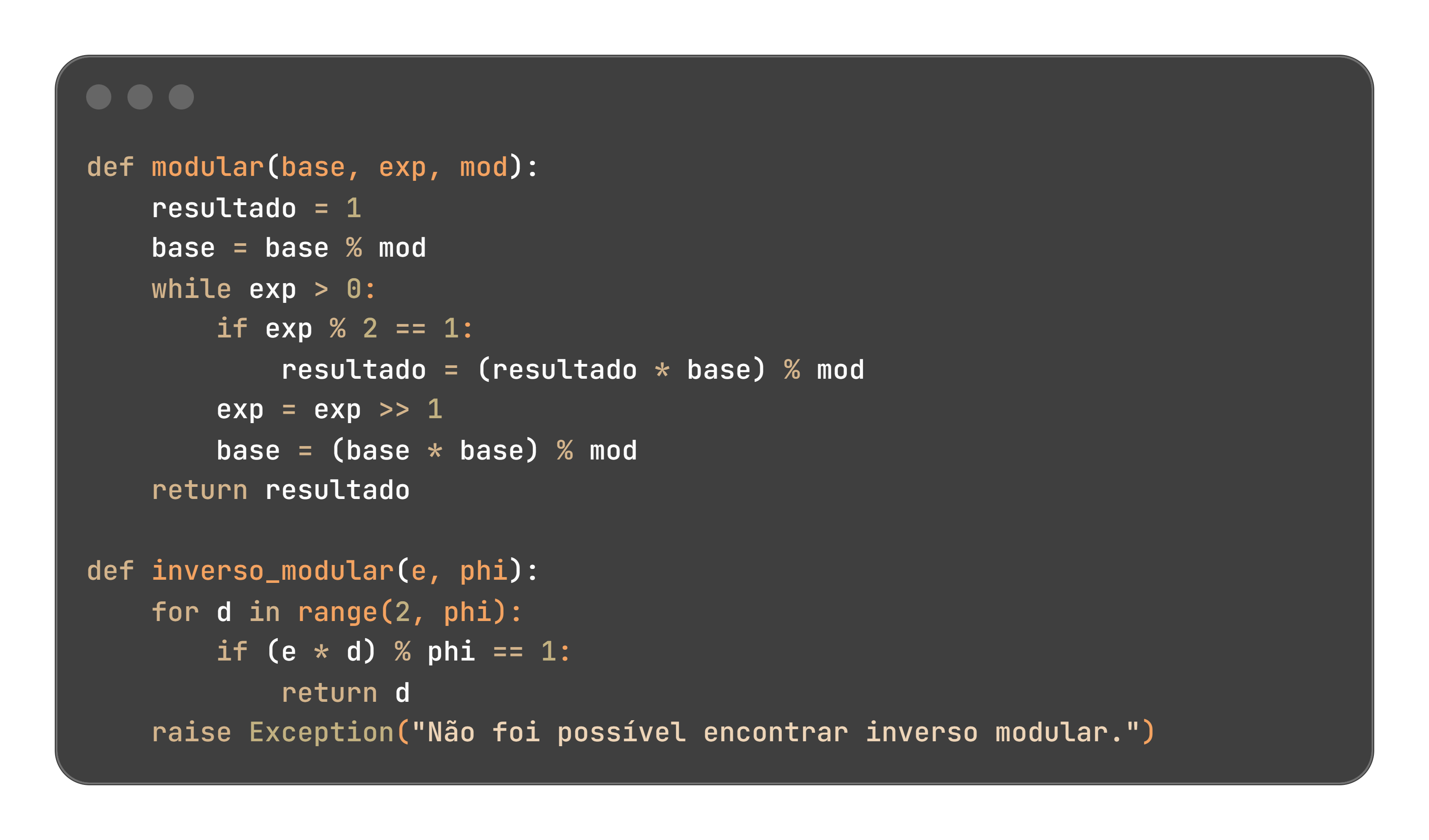 Snippet das funções matemáticas do RSA